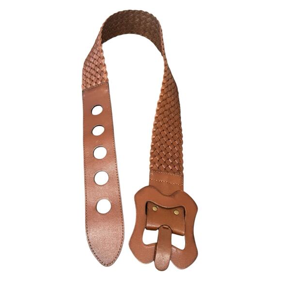 Wide Brown Leather Braided Belt Wide Chunky Buckle Structured - Women's Size S/M - Picture 5 of 8